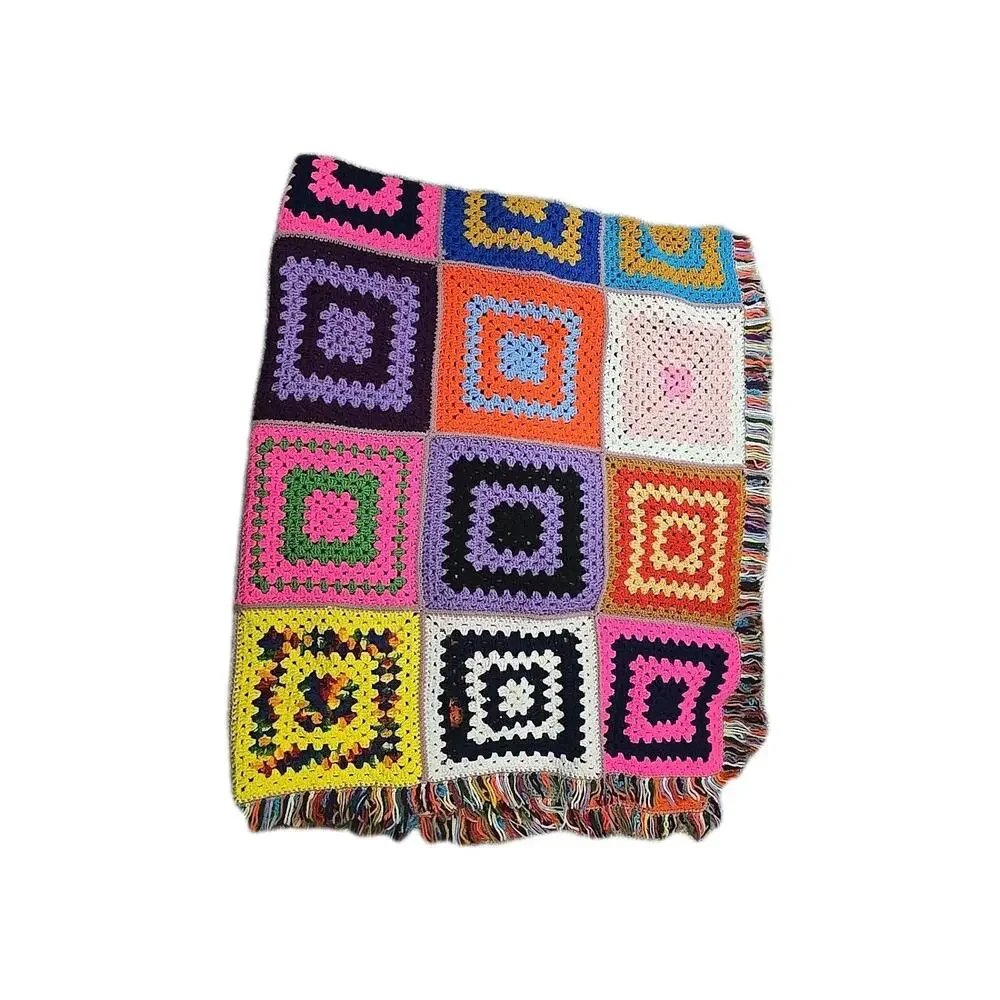 Vtg Handmade Multicolor‎ Crochet Granny Square Home Decor Afghan Blanket 80
